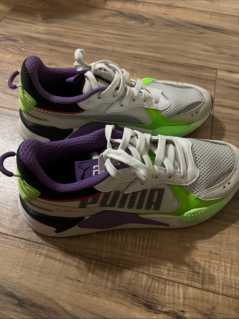 Puma White Sneakers with Neon Green and Purple Accents